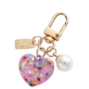Pink Glitter Heart Pearl Gold Bag Charm Key Ring Accessory